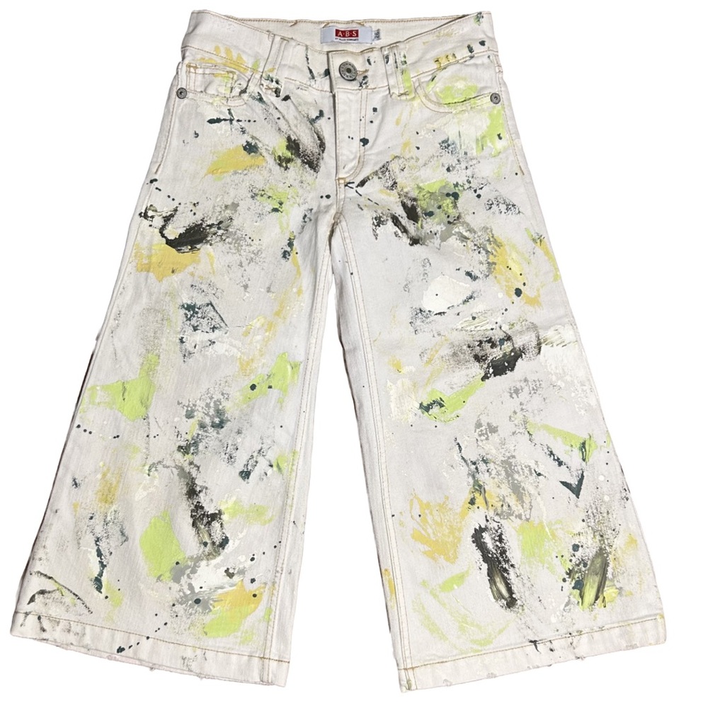ABS by Allen Schwartz Womens Hand Painted Ivory Denim Flared Capri Jeans Sz 26